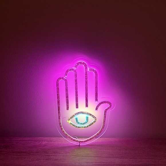*1 DAY SALE* Purple Hamsa Hand Fatima Evil Eye Neon Light Lamp Wall Sign Hanging - Picture 7 of 8